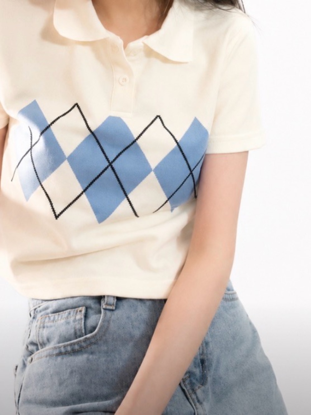 White Polo Crop Top with Blue Argyle